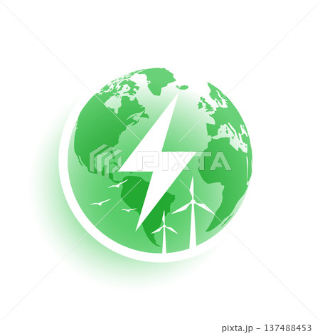 sustainable green globe with lightning bolt and wind turbine for environment protection 137488453