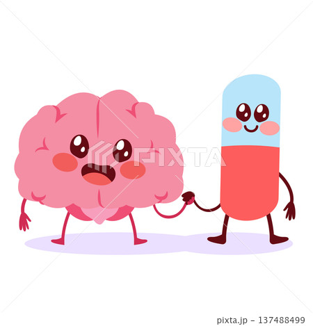 Cute Brain and Pill Mascot Holding Hands Drug Therapy Concept 137488499