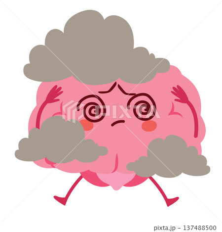 Struggling Brain Mascot Surrounded by Clouds Brain Fog and Dizziness Concept 137488500