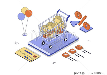 Reward program 3d isometric concept in isometry design for web. Customer loyalty system with bonuses, special offers and discount tags for purchases, store promotion strategy. Vector illustration. 137488869