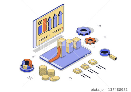 Financial planning 3d isometric concept in isometry design for web. Finance charts and graphs analysis, accounting balance and bookkeeping asset, expense and savings management. Vector illustration. 137488981