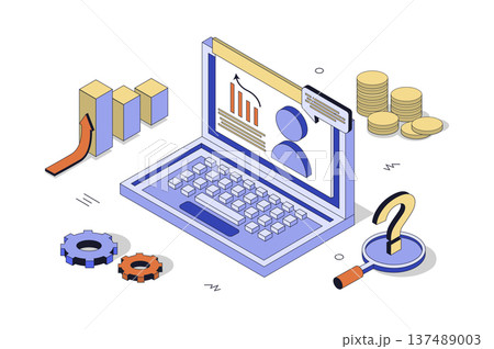 Financial consultation 3d isometric concept in isometry design for web. Online meeting with accountant, finance charts analysis, expert economy strategy and investment advises. Vector illustration. 137489003