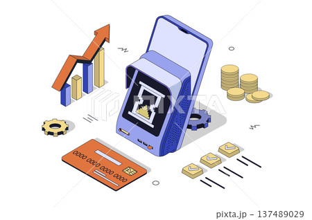 Easy payment and mobile banking 3d isometric concept in isometry design for web. Online shopping with credit card cashless paying of pos terminal with nfc, buying in retail store. Vector illustration. Easy payment and mobile banking 3d isometric concept in isometry design for web. Online shopping with credit card cashless paying of pos terminal with nfc, buying in retail store. Vector illustration. 137489029