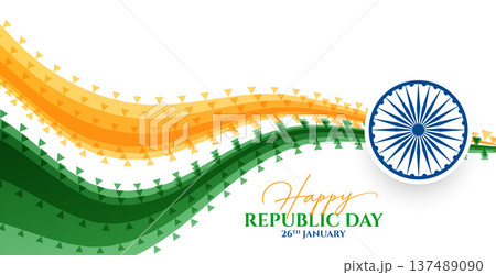 happy republic day banner with flowing tricolor wave and ashok chakra happy republic day banner with flowing tricolor wave and ashok chakra 137489090