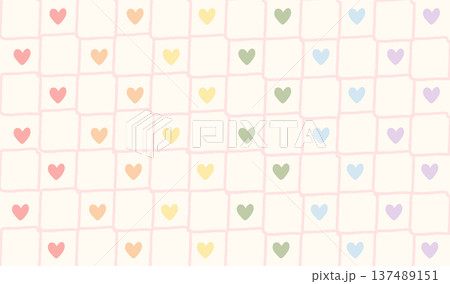 Pastel rainbow flag colored hearts gingham pattern. Retro hand-drawn pink checkerboard background with colorful heart icons. Cute aesthetic design for pride, nursery decor, stationery, textile. Vector 137489151