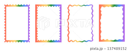Retro whimsical rainbow gradient frame set with scalloped and wavy hand-drawn borders. Vibrant multi colored frames for greeting cards, menu, gift tags, and modern stationery. Vector illustration. 137489152