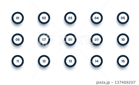 set of circular bullet points from 1 to 15 number key 137489207