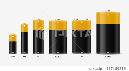 set of realistic alkaline batteries in different power storage set of realistic alkaline batteries in different power storage 137489216