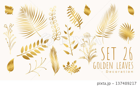 set of stylish tropical golden leaves greeting card template 137489217