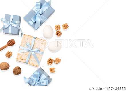 Passover items: gifts, matzah, eggs, and nuts, isolated, PNG 137489553