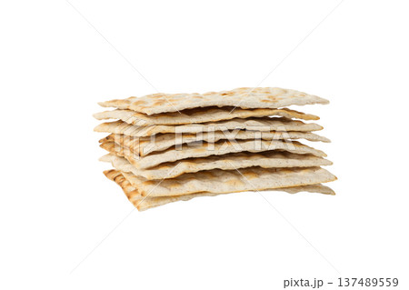 Passover tradition includes stacked matzah bread, isolated, PNG 137489559