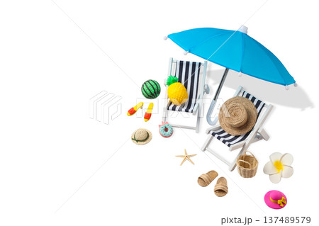 Umbrella chairs with summer toys and decor, PNG 137489579