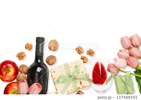 Passover table with wine, matzah, apples, flowers, isolated, PNG Passover table with wine, matzah, apples, flowers, isolated, PNG 137489591