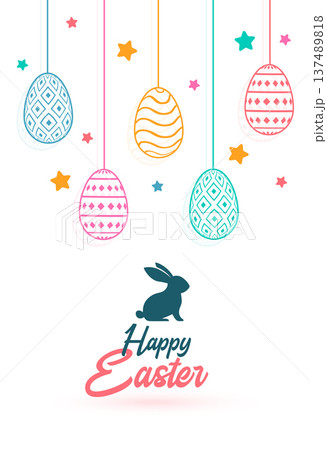 colorful hanging easter eggs poster with cute bunny silhouette 137489818
