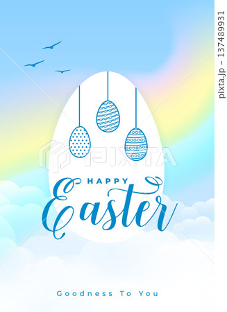 happy easter greeting cloudy sky background with hanging eggs 137489931