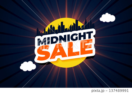 midnight sale event sunburst background with white clouds and skyline silhouette midnight sale event sunburst background with white clouds and skyline silhouette 137489991