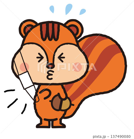 どんぐりを持っていりすがくしゃみをしているイラスト 137490080