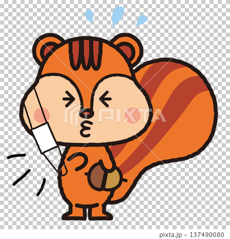 どんぐりを持っていりすがくしゃみをしているイラスト 137490080