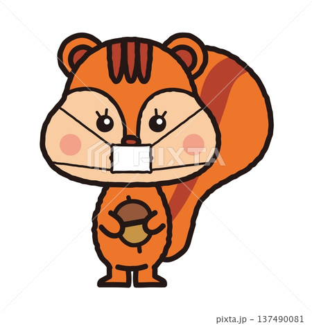 マスクをしてどんぐりを持っているリスのイラスト マスクをしてどんぐりを持っているリスのイラスト 137490081