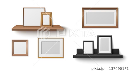 Realistic wooden shelf with empty frames mockup Realistic wooden shelf with empty frames mockup 137490171