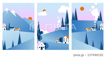 Winter geometric landscape cards, abstract vector 137490192