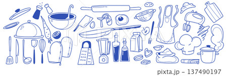 Doodle set of kitchen items and food on white Doodle set of kitchen items and food on white 137490197