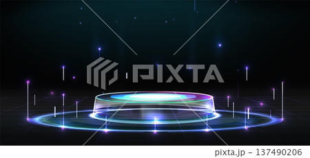 Futuristic stage platform with blue neon light Futuristic stage platform with blue neon light 137490206
