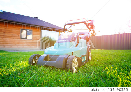 Lawn Mower Electric for cutting grass in garden. Mowing Grass use Lawn Mower in yard. 137490326