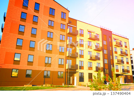 New Modern Apartment Buildings. Colorful Facade. Brightly colored residential buildings. 137490404