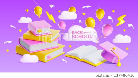 3D back to school banner, books and graduation cap 137490410