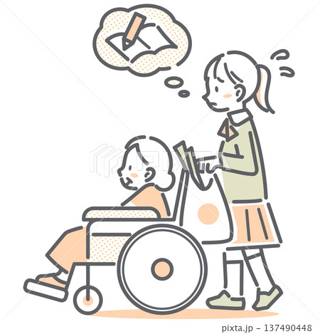 ヤングケアラー　勉強をする時間が欲しい女の子　シンプルでお洒落な線画イラスト 137490448