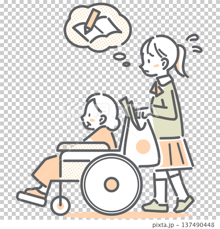 ヤングケアラー　勉強をする時間が欲しい女の子　シンプルでお洒落な線画イラスト 137490448