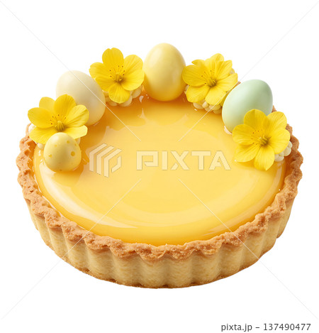 Beautiful easter dessert, lemon tart decorated with mini speckled eggs and delicate spring flowers, perfect for holiday baking Beautiful easter dessert, lemon tart decorated with mini speckled eggs and delicate spring flowers, perfect for holiday baking 137490477