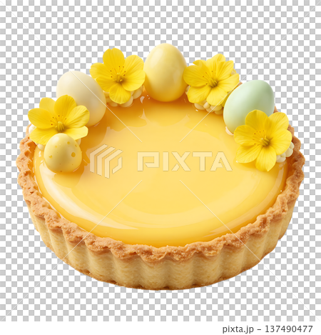Beautiful easter dessert, lemon tart decorated with mini speckled eggs and delicate spring flowers, perfect for holiday baking 137490477