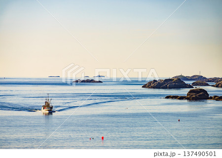 Seascape with fishing boat, Lofoten landscape 137490501