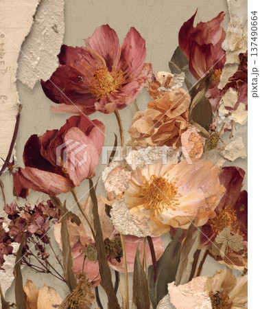 Vintage Botanical Collage With Pressed Flowers On Antique Paper Background 137490664