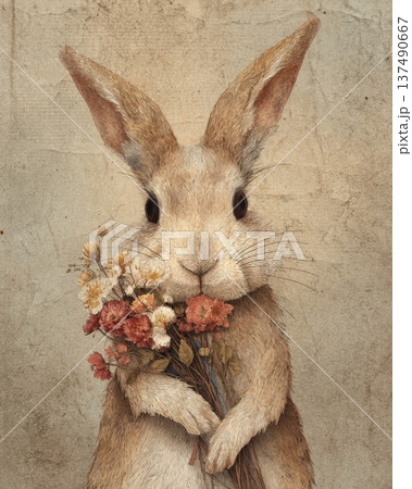Cute Vintage Bunny Holding Wildflowers Bouquet On Antique Paper Background Cute Vintage Bunny Holding Wildflowers Bouquet On Antique Paper Background 137490667