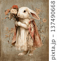 Victorian Style Rabbit Portrait Holding Bouquet Of Vintage Garden Flowers 137490668
