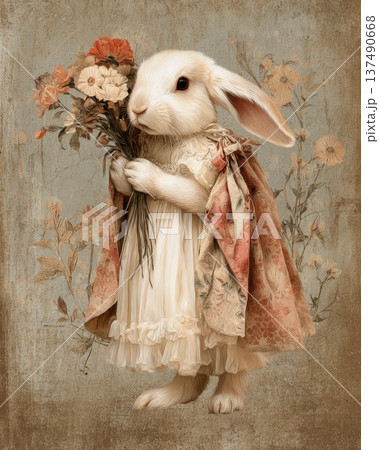 Victorian Style Rabbit Portrait Holding Bouquet Of Vintage Garden Flowers Victorian Style Rabbit Portrait Holding Bouquet Of Vintage Garden Flowers 137490668