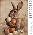 Vintage Rabbit Holding Easter Eggs Illustration On Antique Botanical Paper Background 137490669