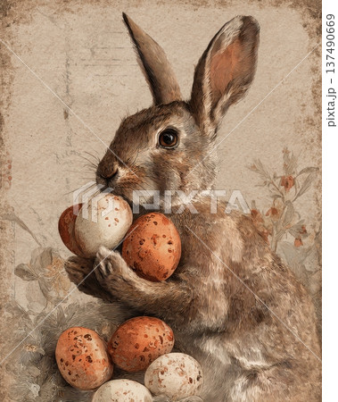 Vintage Rabbit Holding Easter Eggs Illustration On Antique Botanical Paper Background Vintage Rabbit Holding Easter Eggs Illustration On Antique Botanical Paper Background 137490669