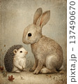 Vintage Rabbit And Hedgehog Woodland Illustration On Antique Natural Paper 137490670