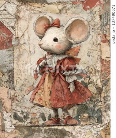 Vintage Mouse Character Illustration Wearing Dress On Antique Collage Paper 137490671