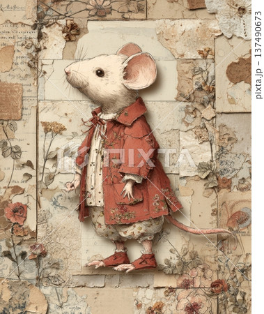 Vintage Mouse Character Illustration Wearing Red Coat On Antique Paper 137490673