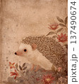 Vintage Hedgehog Illustration With Flowers On Antique Botanical Paper Background 137490674