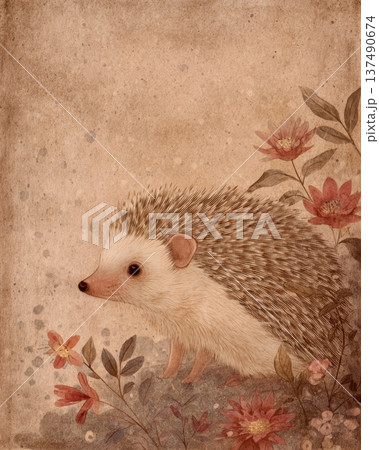 Vintage Hedgehog Illustration With Flowers On Antique Botanical Paper Background 137490674