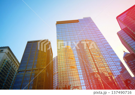 Skyscrapers in bright glass exteriors sunlight on sunset. Modern facade office buildings Skyscrapers in bright glass exteriors sunlight on sunset. Modern facade office buildings 137490716