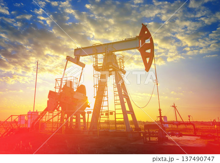 Pumpjack in oil well of oil field on sunrise in Industrial crude area. Crude pump jack on oil field Pumpjack in oil well of oil field on sunrise in Industrial crude area. Crude pump jack on oil field 137490747