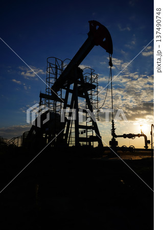 Pumpjack in oil well of oil field on sunrise in Industrial crude area. Crude pump jack on oil field Pumpjack in oil well of oil field on sunrise in Industrial crude area. Crude pump jack on oil field 137490748