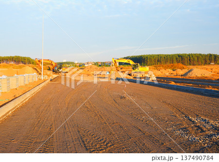 Road asphalt laying. Roadworks, construction site. Highway Road renovation. Paved highway. Road asphalt laying. Roadworks, construction site. Highway Road renovation. Paved highway. 137490784